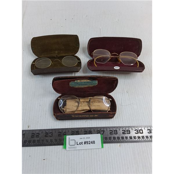 (3) Antique Sets of Eye Glasses w/Cases