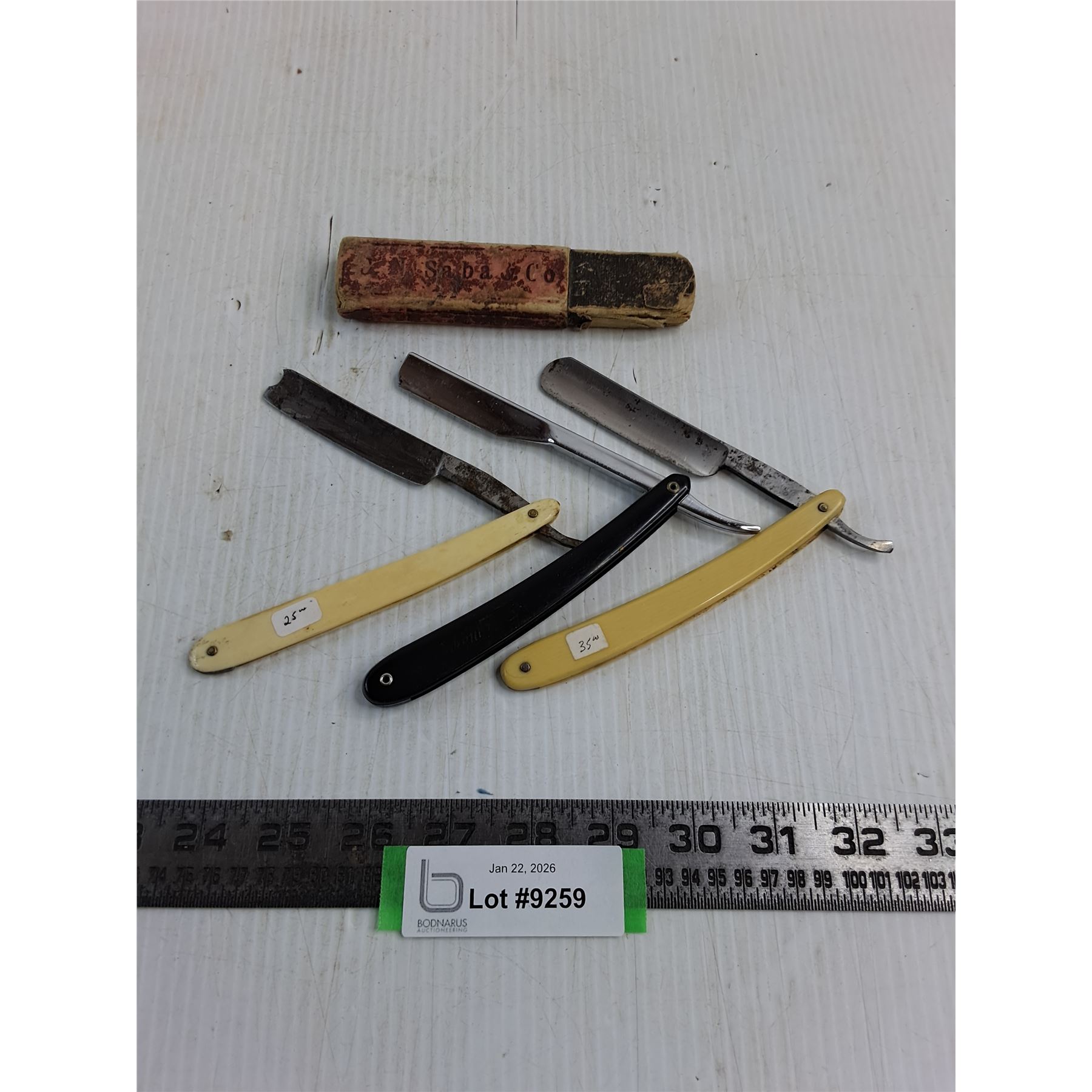 (3) Antique Straight Razors w/1 Original Box