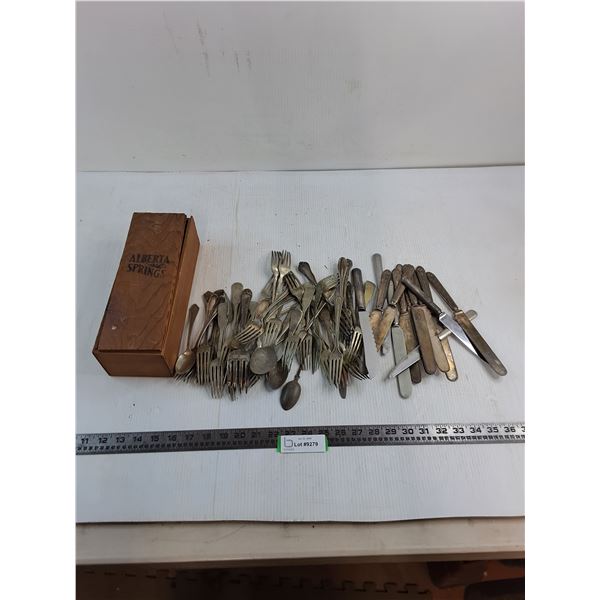 Vintage Silver-Plated Cutlery Set in "Alberta Springs" Liquor Box - As is