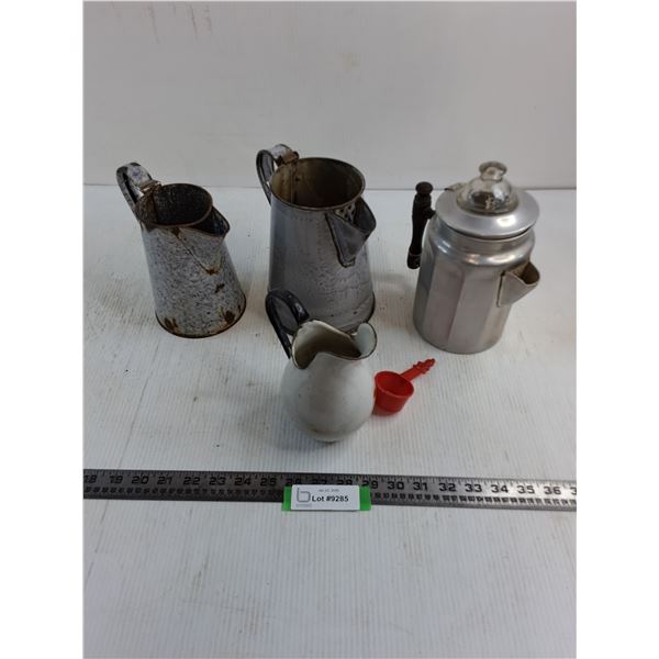 (3) Enameled Pitchers & 1 Coffee Pot, Coffee Scoop