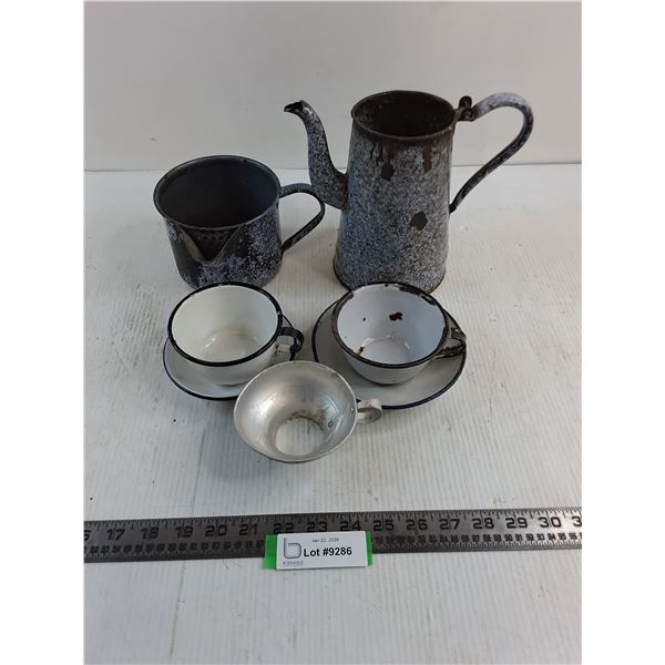 (2) Enameled Pitchers, Cups & Saucers, Misc.