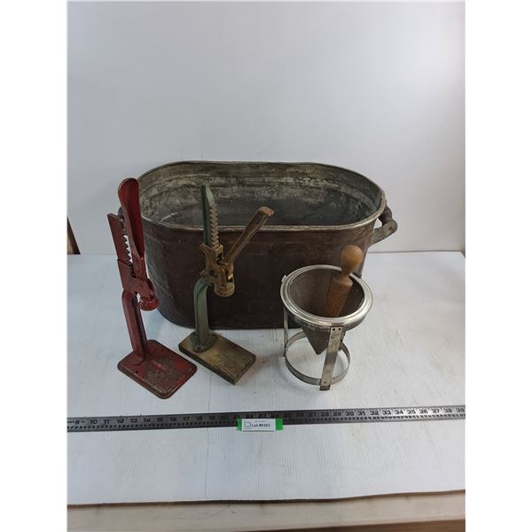 Antique Wash Tub 25x12x12", Bottle Corkers, Canning Masher/Sieve - Pickup Preferred