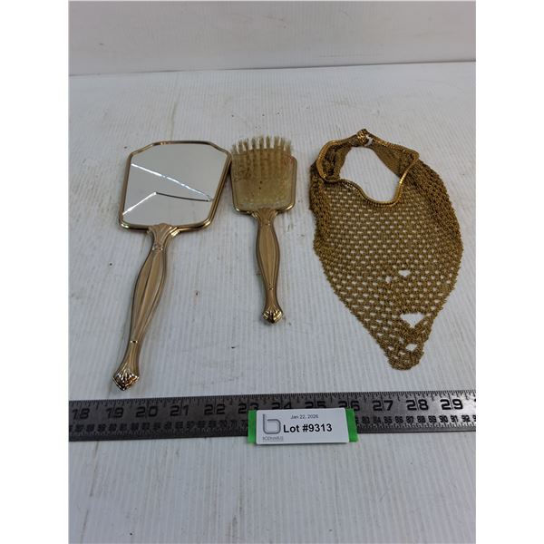 Vintage Vanity Set, Golden Metal Mesh Necklace - As is