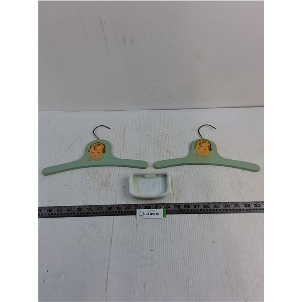 (2) Vintage Wooden Hangers, Stoneware Soap Dish