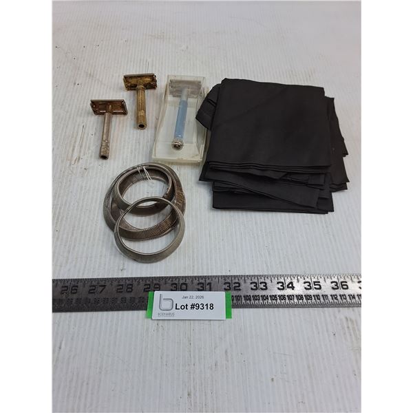 Vintage Shaving Razors, Elastic Metal Shirt Sleeve Armbands, Hankies/Pocket Squares