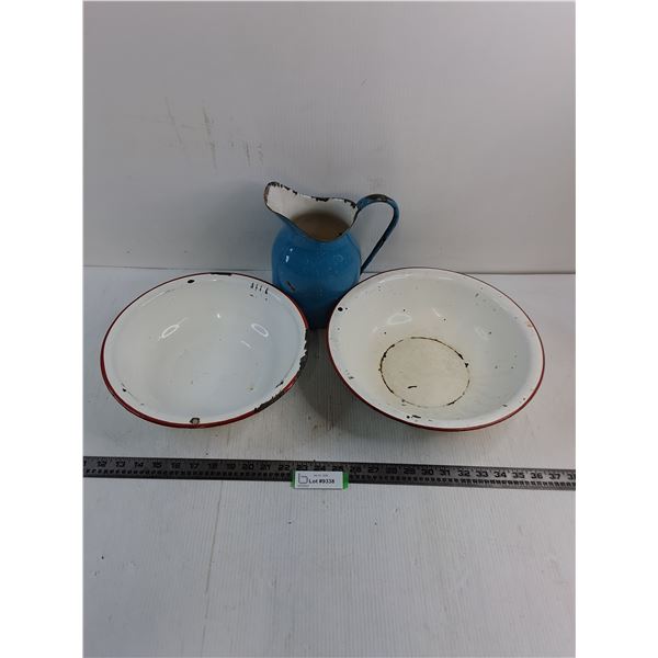 (2) Vintage Enameled Wash Basins, Enameled Pitcher