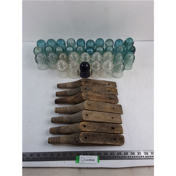 (35) Vintage Glass Insulators (5 Have Small Cracks), 7 Insulator Mounts