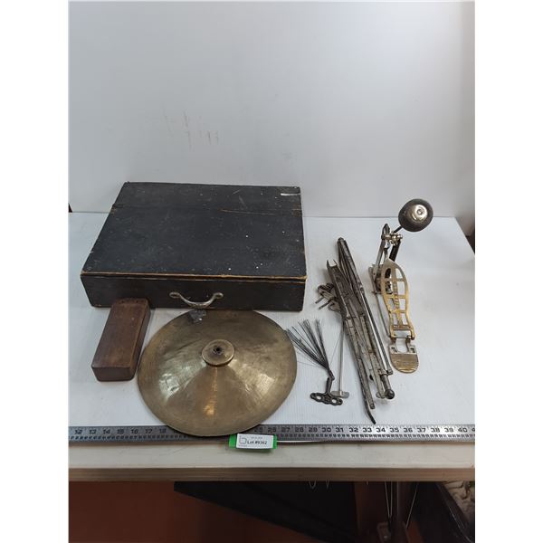 Custom Wooden Tote 20x15x5" w/Contents (Cymbal, Base Drum Kicker, Note Stand, Misc.)