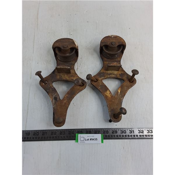 Pair of Rusted Crown Barn Door Runners - As is