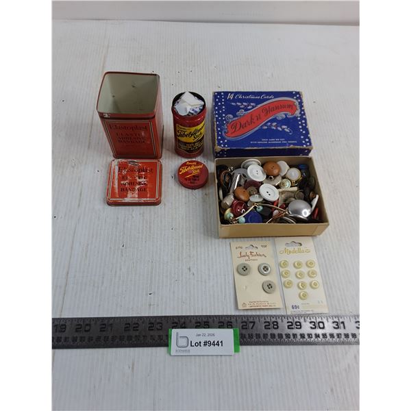 Vintage Containers (Elastoplast, Zenith - Unused Product, Dark n 'Hansum), Bulk Buttons