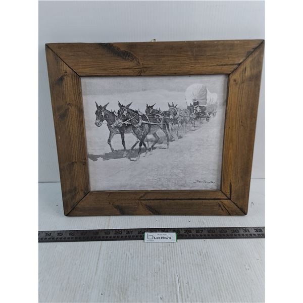 Wood Framed Charcoal Sketch by F. Remington - 17" x 15"
