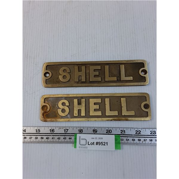(2) Brass Vintage Shell Gas Station Badges - 8" x 2"