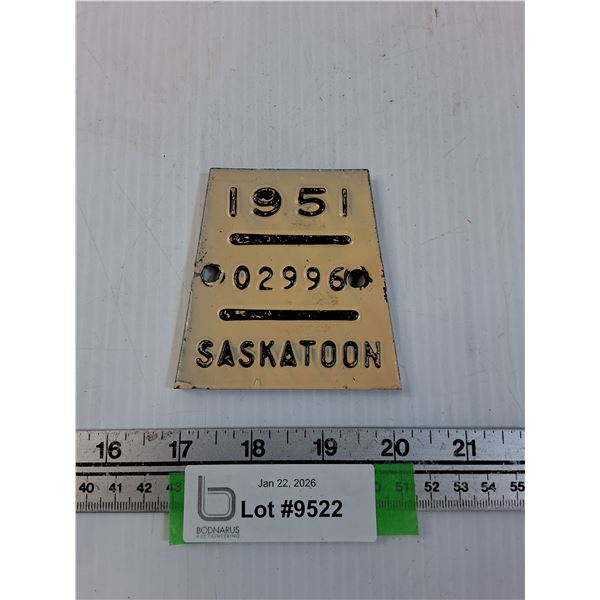 Saskatoon Bicycle License Plate - 1951