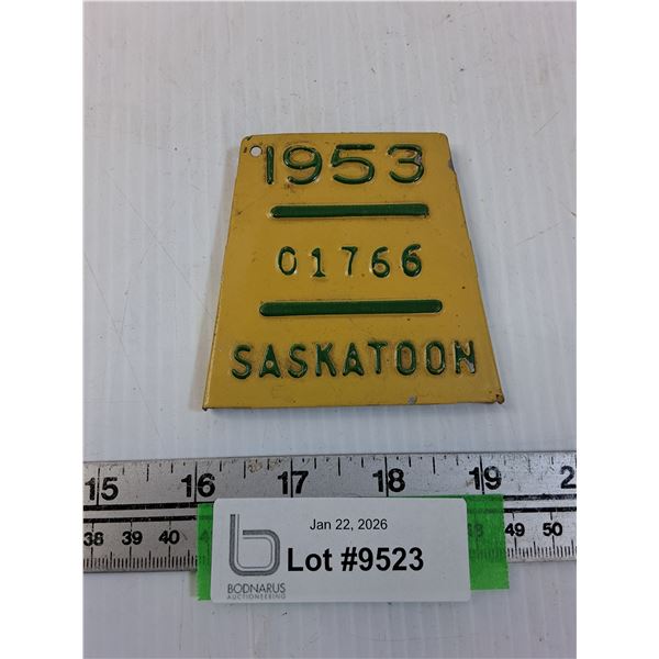 Saskatoon Bicycle License Plate - 1953