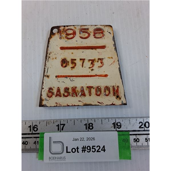 Saskatoon Bicycle License Plate - 1958