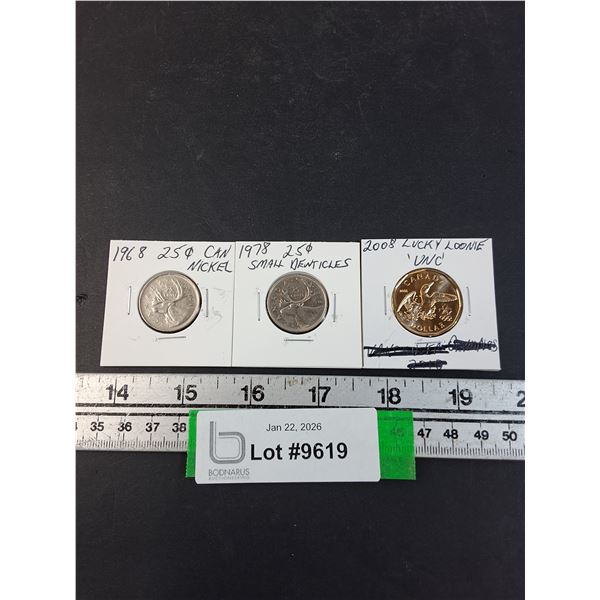 (3) Canadian Coins: (2) 25 Cent:1968, 1978 & (1) 2008 Lucky Loonie