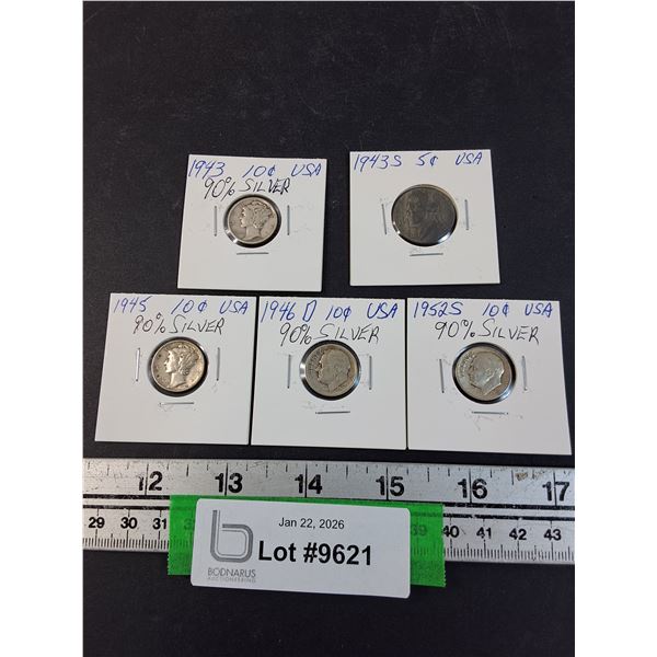 (5) American Coins: (1) 5 Cent: 1943 & (4) Dimes: 1943-52