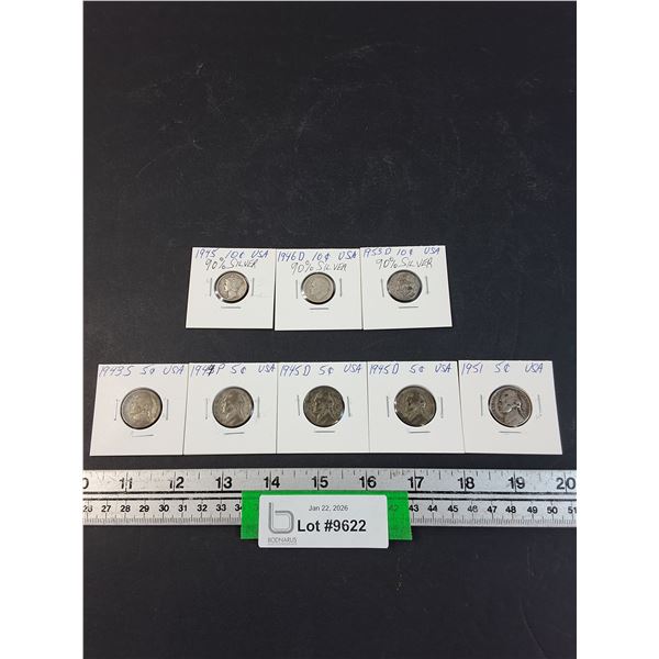 (8) American Coins: (3) Ten Cent: 1945-53 & (5) Nickels: 1943-1951