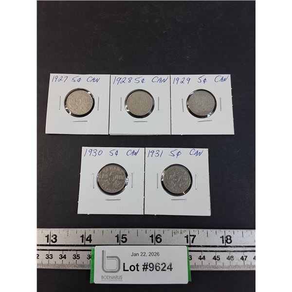 (5) Canadian Coins: Five Cent - 1927-31