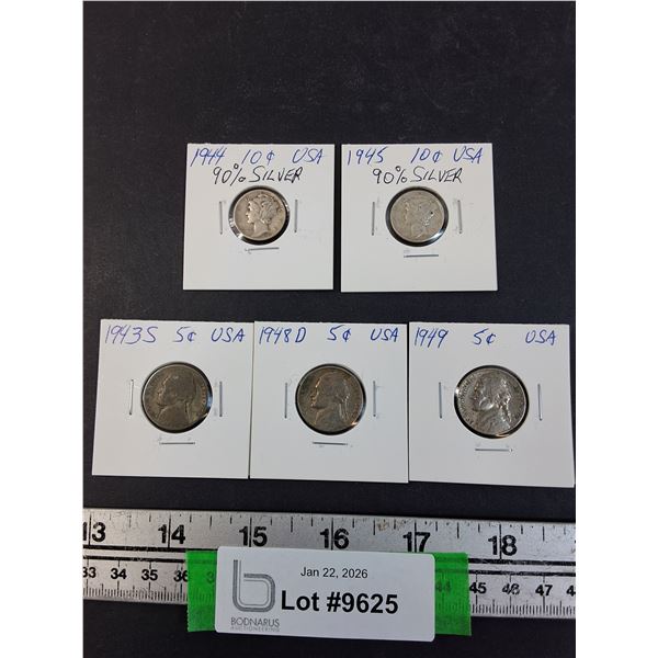 (5) American Coins: (2) Ten Cent - 1944-45 & (3) Five Cent - 1943-49