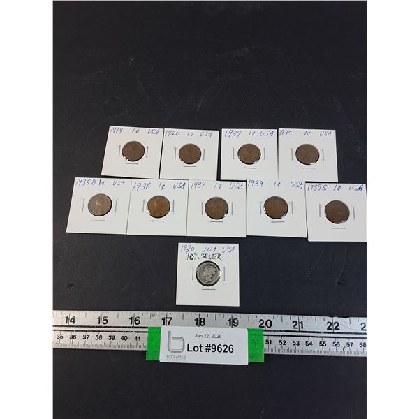 (10) American Coins: (9) One Cent - 1919-39 & (1) Ten Cent - 1920