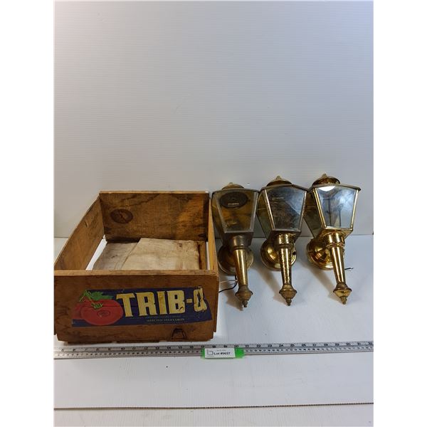 (3) Brass Outdoor Lights & Tomato Wooden Crate - Preferred Pick-Up