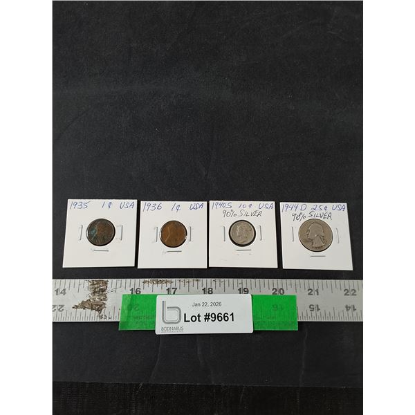 (4) American Coins 1935- 36 1 Cent Coins, 1940S Silver 10 Cent Coin, 1944D Silver 25Cent Coin