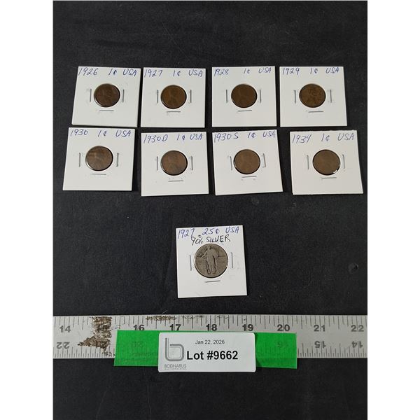 (9) American Coins, (8) 1 Cent Coins, 1926-34, 1927 American Silver 25 Cent Coin