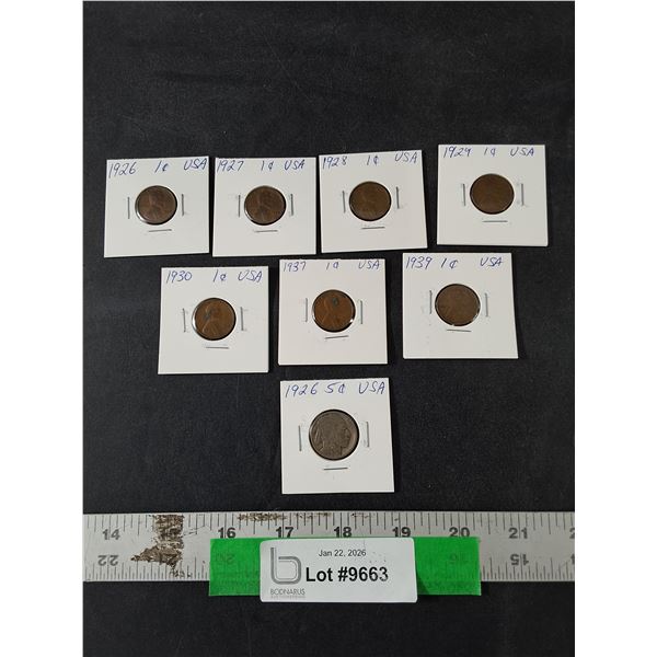 (8) American Coins, (7) American 1 Cent Coins, 1926- 39, (1) American 1926 Buffalo Nickel