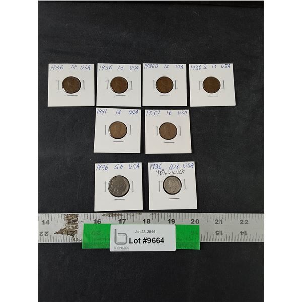 (8) American Coins, (6) 1 Cent Coins, 1936-37, 1936 Buffalo Nickel, 1936 Mercury Dime