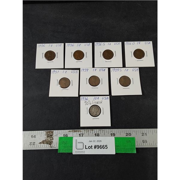 (8) American Coins, (7) 1 Cent Coins, 1936- 1939S, (1) 1936 Mercury Dime