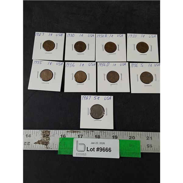 (9) American Coins, (8) American 1 Cent Coins- 1927-36S, (1) 1927 Buffalo Nickel
