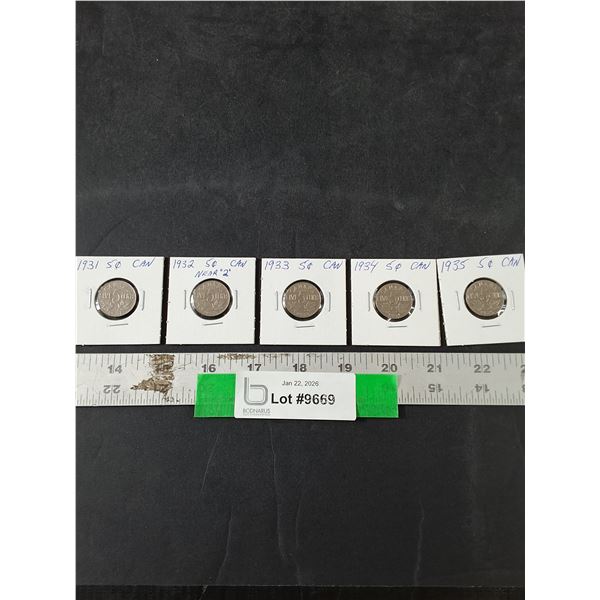 (5) Canadian 5 Cent Coins, 1931-35