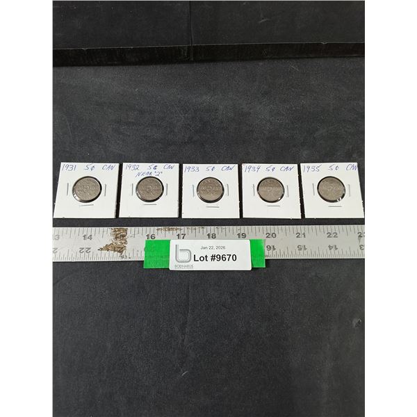 (5) Canadian 5 Cent Coins, 1931-35