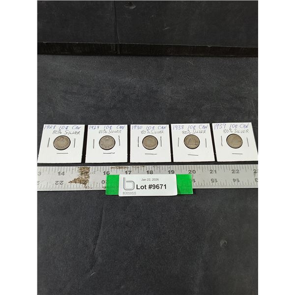 (5) Silver Canadian 10 Cent Coins, 1928-39