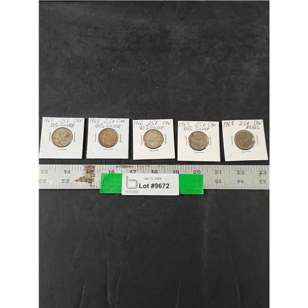 (5) Canadian 25 Cent Coins, 1964-68