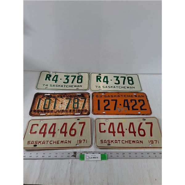 (6) Various Saskatchewan License Plates, 1955-74, Some Pairs