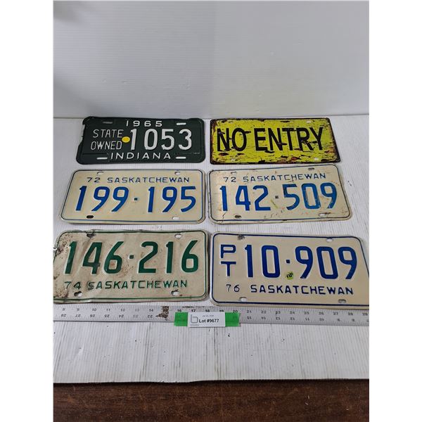 Lot of Various License Plates, Indiana, Saskatchewan, No Entry Booster Plate, 1965- 76