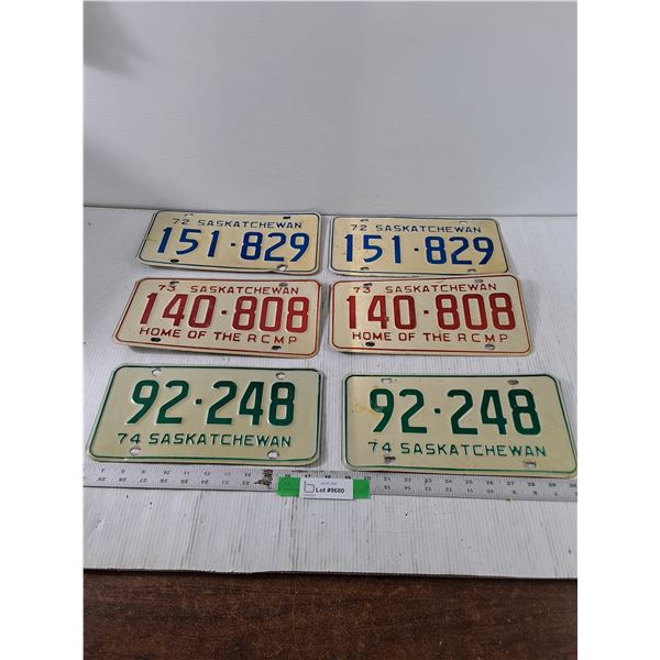 (3) Pairs of Saskatchewan License Plates, 1972-74
