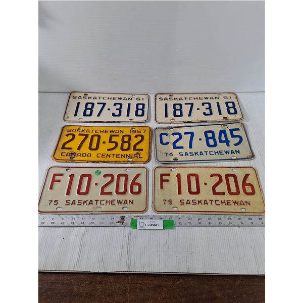 (6) Various Saskatchewan License Plates, Some Pairs, 1961- 76