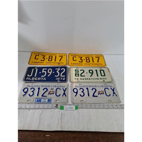 (6) Various License Plates, Alberta, Saskatchewan, BC, Some Pairs, 1967-1999