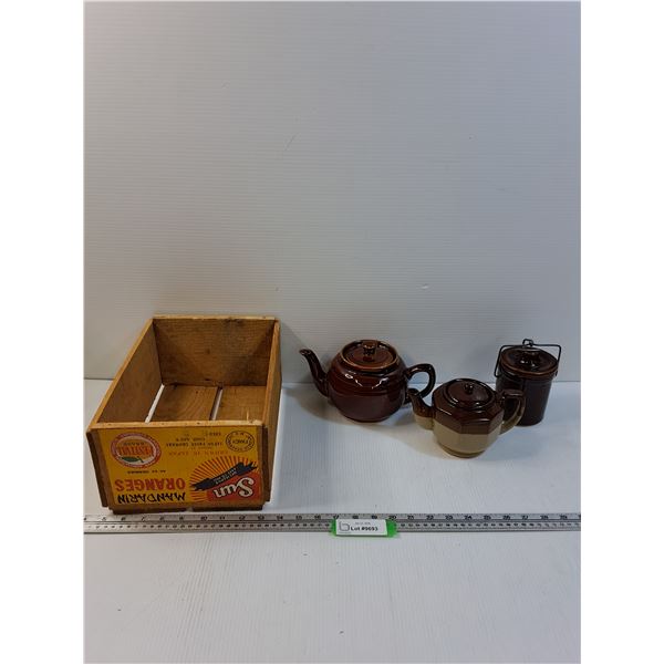 (2) Teapots & Pickling Crock Jug & Oranges Wooden Crate
