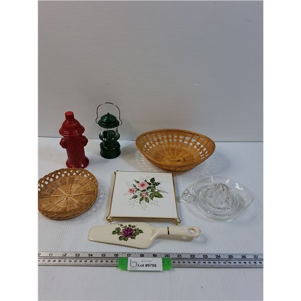 (2) Wicker Baskets, Avon Cologne (Empty), Pie Server, Citrus Juicer, Misc