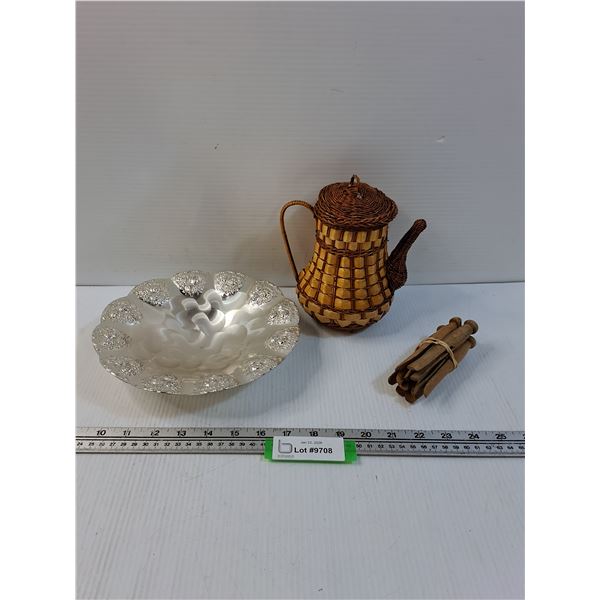 Wicker Teapot Basket, Wooden Clothes Pins, Silver Plated Serving Bowl