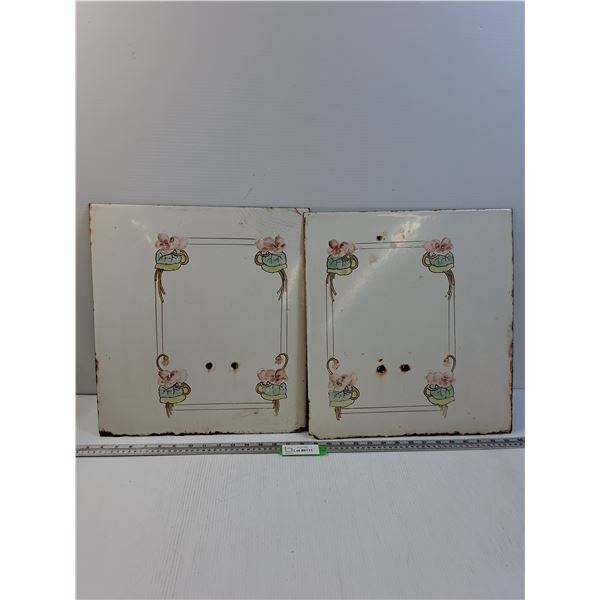 (2) Metal Enamel Tiles from Back of McCleary Cookstove - Some Wear - 15" x 17" - Heavy,