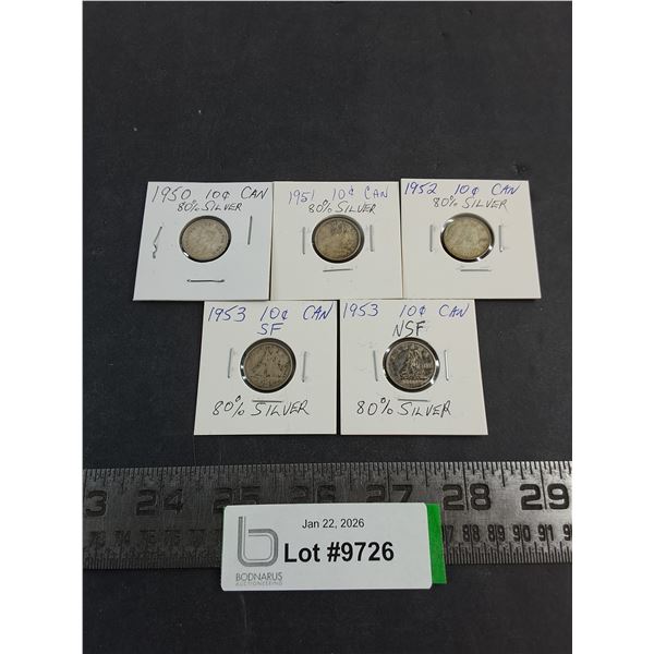 (5) Canadian Dimes from 1950-1953