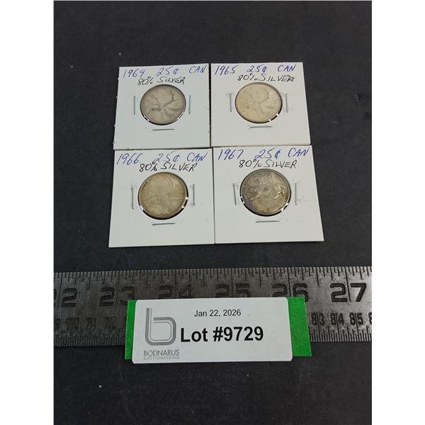 (4) Canadian Quarters from 1964-1967