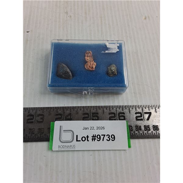 Mineral Collection In Case (Copper, Iron Pyrite, Peacock Ore)
