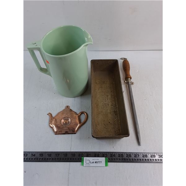 Vintage Lot (Melmac Pitcher, Cooper Thermometer, Bread Pan, Knife Sharpener
