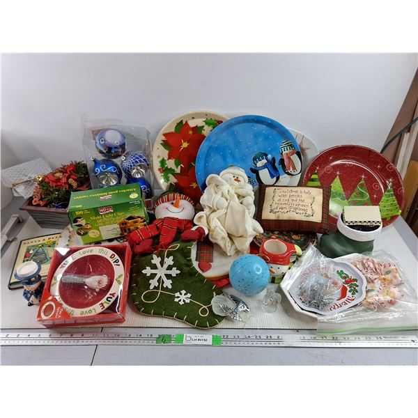 Assorted Christmas Ornaments, Serving Platters, Multi Light Clips, Plates, Misc